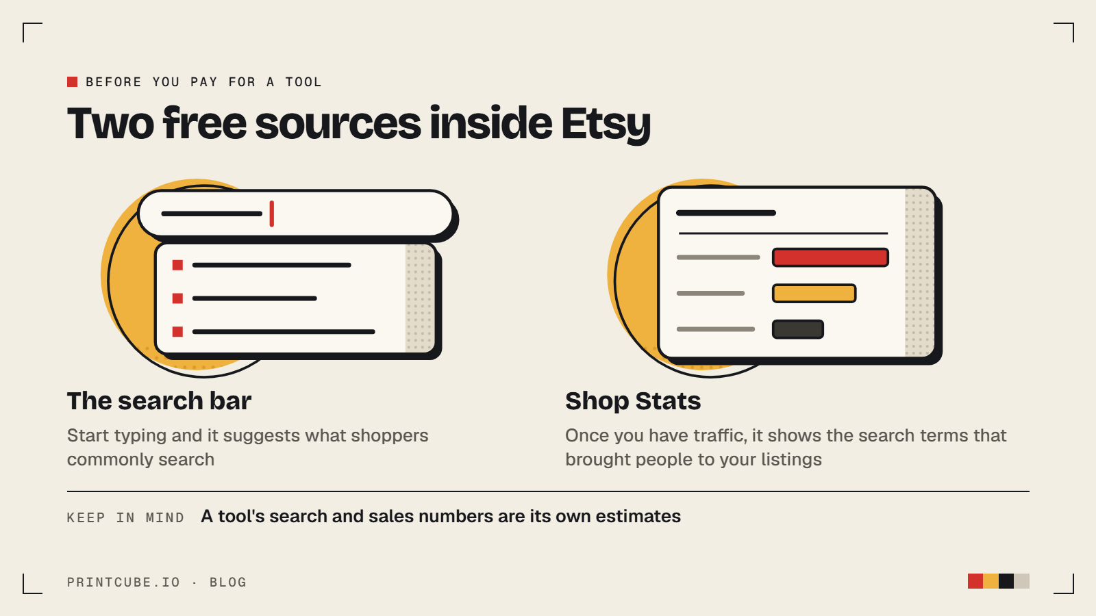 Two free sources for tag research inside Etsy: search bar suggestions and the search terms shown in Shop Stats