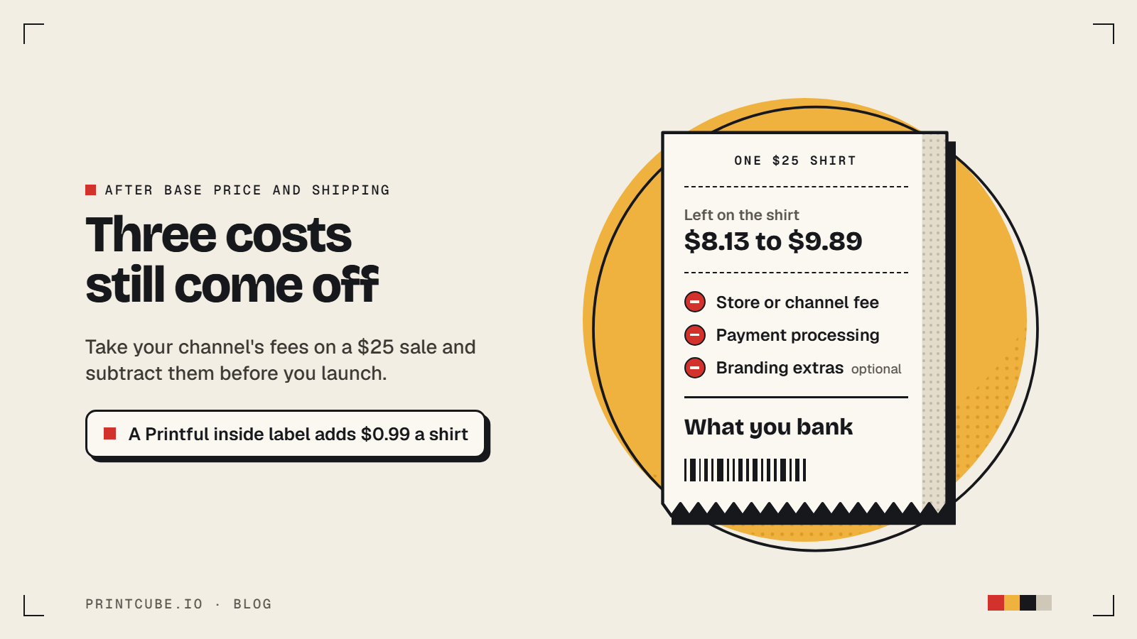 A receipt for one $25 shirt: store or channel fees, payment processing and optional branding come off what's left