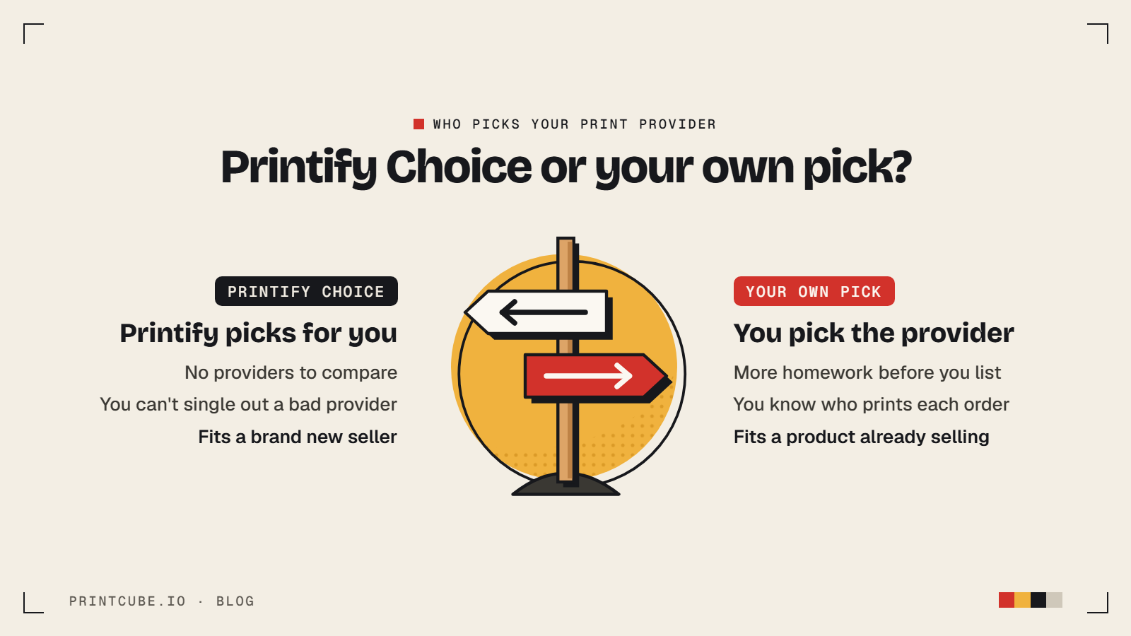 Printify Choice picks the provider for you and suits a new seller; picking your own is more work but gives control